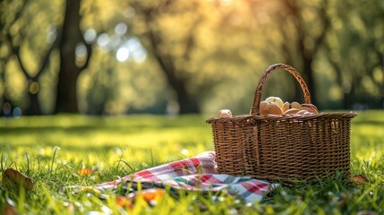Picnic basket on the background of the park, Copy space. Generative AI.