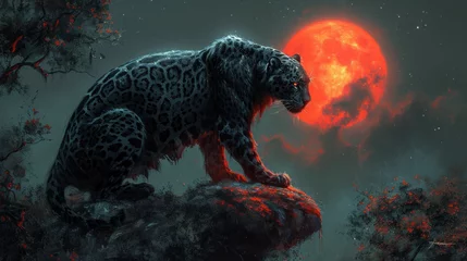 Foto op Plexiglas Black Jaguar and Red Blood Moon night conceptual art © Ascendance.dev