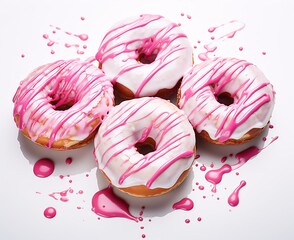 four round pink and white donuts on a white background, messy