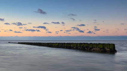 Wooden seawall in the Wadden Sea near North Holland under a colorful sky during sunset. The green algae vividly colors under the sunlight during low tide