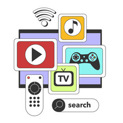 Streaming media service. Online platforms subscription. Smart TV, computer or phone screens with educational, entertaining and news content. Flat vector illustration