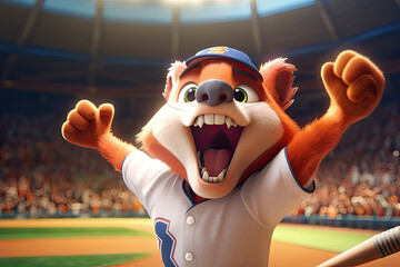  Excited fox in a baseball uniform cheering in a stadium.