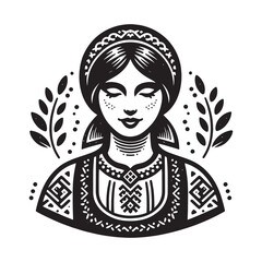 Young woman in Slavic traditional clothes. Black, symmetrical, flat, black, contour emblem, logo