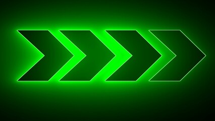 Neon arrow icon. Neon arrow abstract green with Light Shapes on black background and reflective floor. right green arrow for road direction. Flashing neon icon to the right arrow. 
