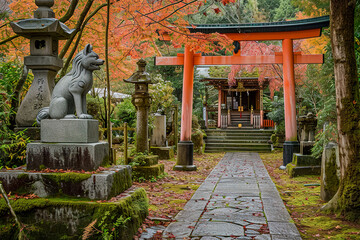 Japanese shrine with a torii gate and a fox statue