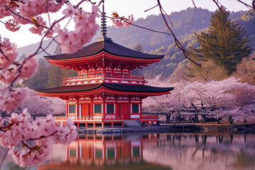 Japanese temple with a cherry blossom tree in the foreground