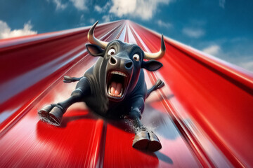 Bull investor finds himself in a tricky situation during a stock market crash. He's sliding down a steep red slide much to his shock and dismay