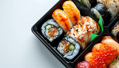 Japanese food. Sushi and rolls in plastic boxes on white background