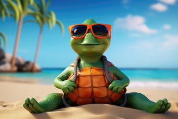 Cool turtle with sunglasses lounging on a tropical beach.