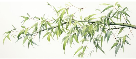 Bamboo branch watercolor painting with Oriental design, original artwork.