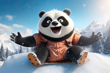 Animated panda on a snowboard enjoying a winter sports adventure.
