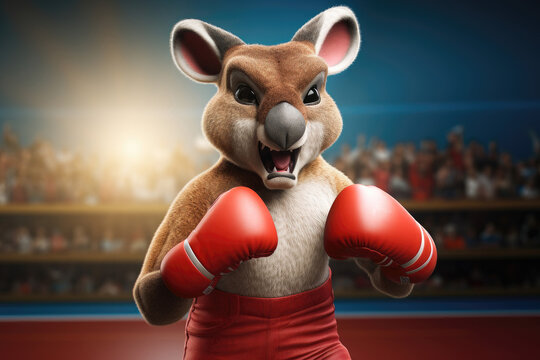 Determined kangaroo with boxing gloves ready for a match.
