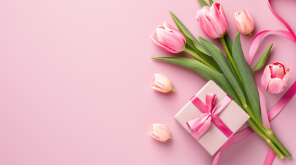 Pink Tulips with Gift Box on Pastel Background
