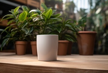 white mug on a wooden table stands a cardboard plant