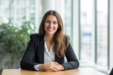 Smiling woman at table in office. Lawyer, businesswoman, accountant or manager