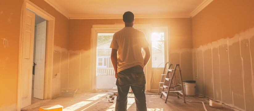 Man reveals newly remodeled room with fresh tan paint and new floors.
