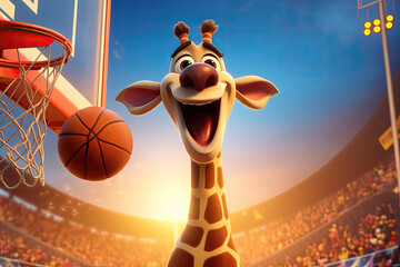 Giraffe dunking a basketball, ecstatic with game excitement. - obrazy, fototapety, plakaty