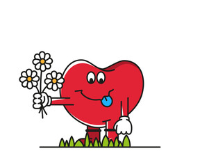 Cheerful red heart gives a bouquet of flowers. Graphic design. Vector illustration.