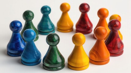 Group of colored pawns for board games arranged in a circle. Generative AI.