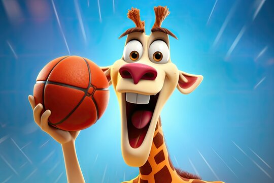 Animated giraffe holding a basketball with a playful expression.