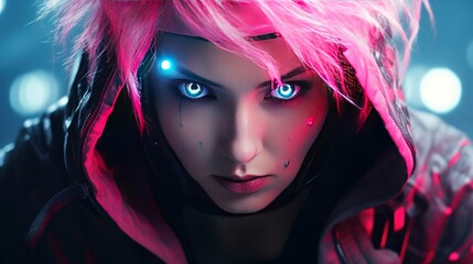 Futuristic cyberpunk woman ninja with pink hair AI generated image - obrazy, fototapety, plakaty