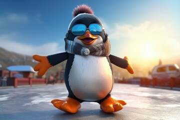Animated penguin with sunglasses enjoying winter, ready to skate. - obrazy, fototapety, plakaty