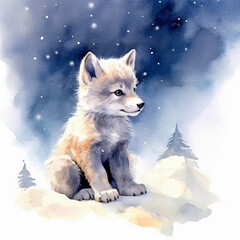 Naklejka premium Wolf Welpe Aquarell Niedliche Wolfsillustration Jungtier Portrait Kinderzimmer Wandkunst Winterlandschaft Tierische Kinderkunst