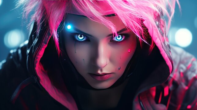Futuristic cyberpunk woman ninja with pink hair AI generated image