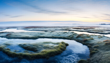 Ocean Shoreline grass fields in winter with Beautiful Natural Landscape