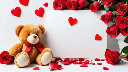 Valentine's Day. Background for February 14. Cute teddy bear with white place for text. Awesome brown teddy bears with bow and red heart. 