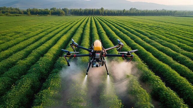 An agricultural drone from above working over field, Fumigating spreading steam, Top view. Generative AI.