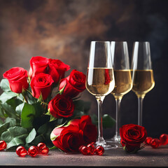 Valentines day table setting red roses and champagne glasses on concrete background. Valentine 's greeting card Generative AI
