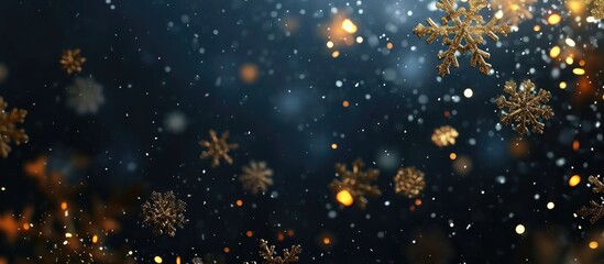 Festive dark background with gold snowflakes.