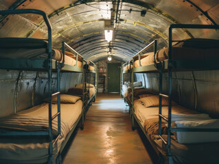 Row of beds in a narrow, underground military bunker suggesting preparation and survival.