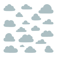 Vector collection of stylized clouds of soft blue shades on a white background.