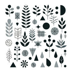 Set of abstract vector elements with plant motifs in monochrome tones.