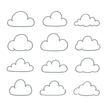 Collection of simple vector linear cloud icons, various shapes and sizes.