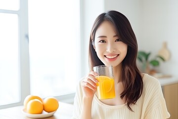 asian woman drinking orange juice - obrazy, fototapety, plakaty