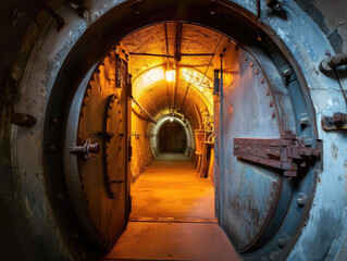 Massive vault door of a bomb shelter, symbolising security and protection in a subterranean setting.