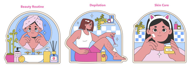 Beauty routine exploration. Delight in personal care with skin treatments and hair removal methods. Capture wellness through daily beauty rituals. Feminine self-care in a modern world. Flat vector