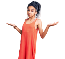 Cute african american girl wearing casual clothes clueless and confused expression with arms and hands raised. doubt concept.