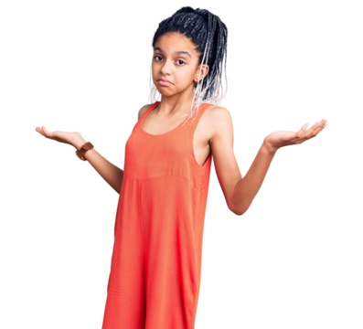 Cute african american girl wearing casual clothes clueless and confused expression with arms and hands raised. doubt concept.