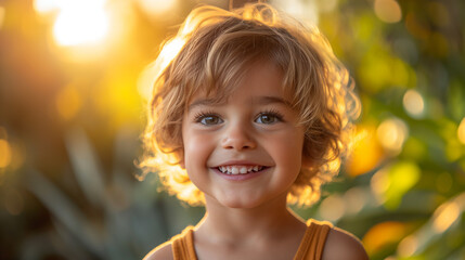 Sunny smiling blond boy is outdoors. Selective focus. Happy childhood concept 
