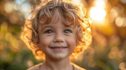 Fototapeta premium Smiling blond boy with beautiful eyes in the meadow. Sunny day. Selective focus. Happy childhood concept