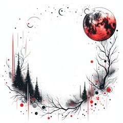 Trash Polka Style: Abstract Night Landscape with Trees and Moon
