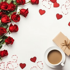 Valentine's day frame with love gifts, coffee, bouquet of red roses on white background. Romantic greeting card for dating. View from above. Copy space Generative AI