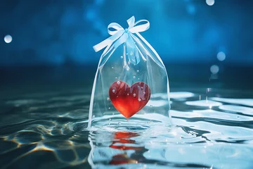 Fotobehang big red heart in a transparent bag floating on water. Sinking heart, saving or protecting love. St Valentines day, dating problems, safety © taniasv