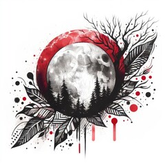 Trash Polka Style: Abstract Night Landscape with Trees and Moon