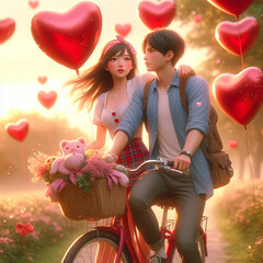 Valentine's day, boy and girl on a date on a bicycle - obrazy, fototapety, plakaty
