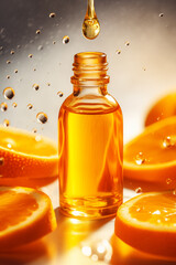 A drop of essential oil falls into glass bottle against background of oranges and bright light. Scene with natural cosmetics with Vitamin C and citrus slices.